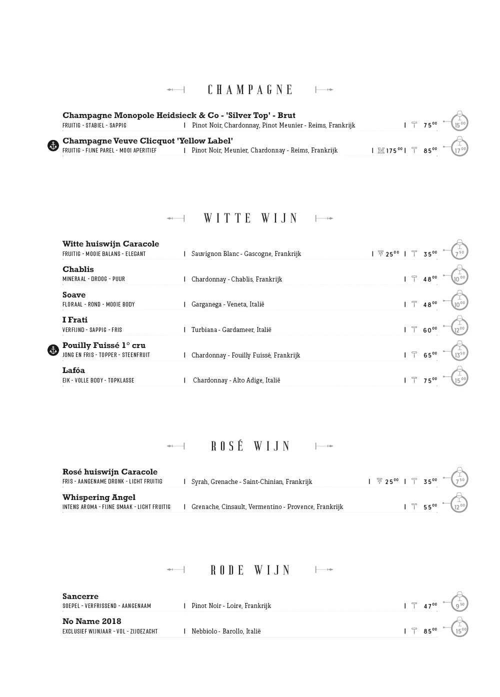 wijn per glas visrestaurant Caracole